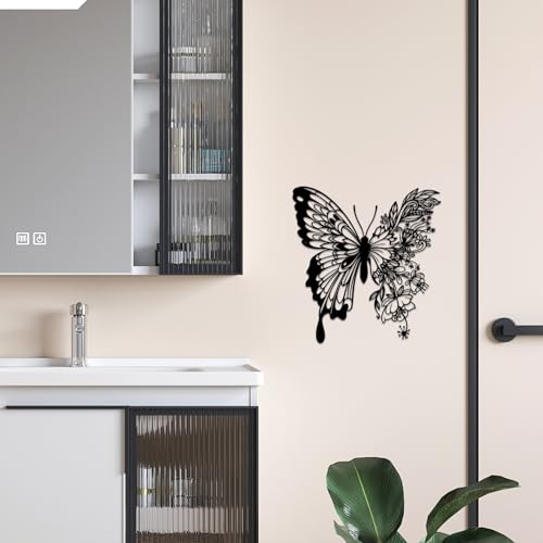 ESTART Metal Butterfly Wall Decor, 12 x 11.2 inch Boho Butterfly and Flower Metal Hanging Wall Decor Home Wall Art for Living Room Bedroom Bathroom