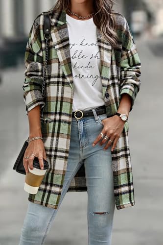 IN'VOLAND Plus Size Flannel Plaid Shacket Jacket for Women Lounge Lapel Wool Button Down Tartan Long Jacket Coats