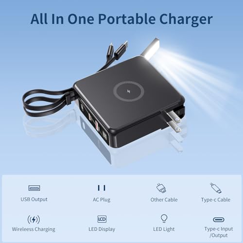 penaover Portable Charger with Built-in Cables&AC Wall Plug, 10000mAh Wireless Charging(No-Magnetic) Power Bank, PD 22.5W Fast Charging USB C Battery Pack Compatible with iPhone, Android, Samsung