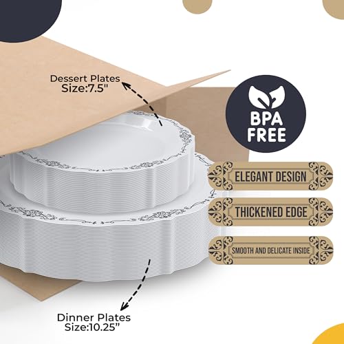 Exquisite Victorian Plastic Plates 80 Piece Plastic Disposable Plates for Party Set For 40 Guests 40 X 7.5 inch Dessert Plates & 40 X 10.25 Inch Plastic Plates Disposable Heavy Duty White & Black