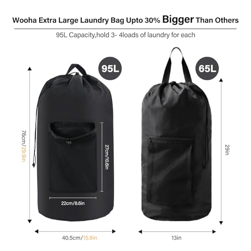 WOOHA 95L Backpack Travel Laundry Bag with Shoulder Straps and Mesh - Durable Polyester Laundry Hampers for Travel, Apartments, Laundromats and Universities (Black)