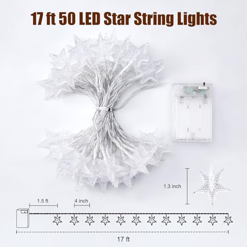 Minetom Star String Lights Battery Operated - 17 ft 50 LED Star Fairy String Lights with Timer, Waterproof for Indoor Bedroom Tent Loft Bed Patio Party Wedding Decor, Warm White