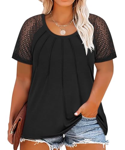 RITERA plus size tops for women summer crewneck short sleeve shirt Black lace raglan solid tunic loose fitting pullover casual tshirt oversize tee XL 14w 16w