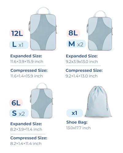 BAGSMART Compression Packing Cubes for Travel, Compressible Packing Cubes for Carry On Suitcase, Lightweight Travel Essentials (6-Pack (1L+2M+2S+1Shoe Bag), Sky Blue