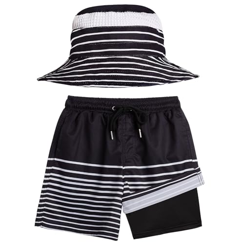 Boys Swim Trunks with Sun Hat Compression Liner Swim Shorts Quick Dry Beach Short Breathable Bucket Hat Set for 3-14 Years