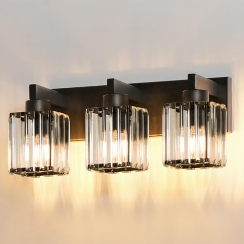 GOEBLESON 3-Light Crystal Bathroom Vanity Lights, Modern Black Bathroom Light Fixtures with Strip-Patterned Crystal Lampshade E26 Base, Upward or Downward Mounting, ETL Listed Wall Lights B06BD05