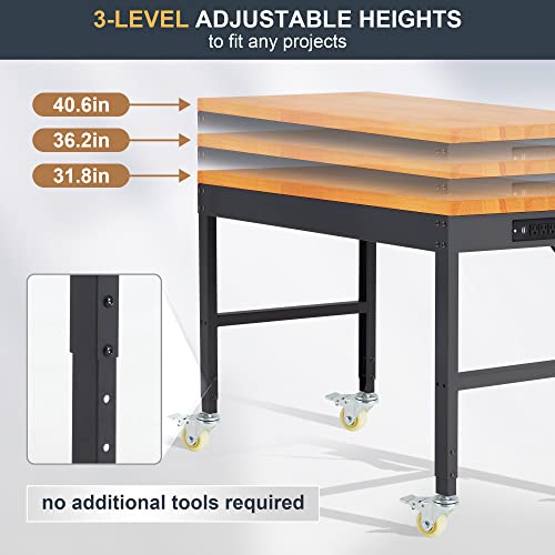HABUTWAY Height Adjustable Workbench with Wheels 48" x 24" 2000 Lbs Capacity Solid Wood Work Station Heavy-Duty Rolling Work Tables for Garage Party Shop Office