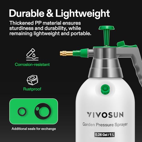 VIVOSUN 0.26gal Handheld Garden Sprayer, 1L Pump Sprayer, 34oz Water Spray Bottle with Safety Valve, Adjustable Nozzle, Extended Spray Rod & Additional Seals, Ideal for Watering, Fertilizing, Cleaning