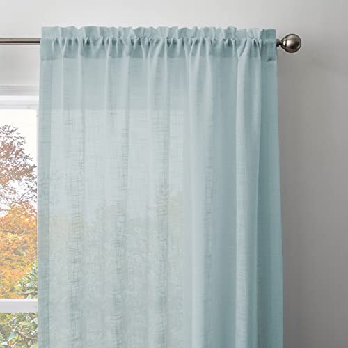 Melodieux Aqua Linen Textured Semi Sheer Curtains 63 Inch Length for Bedroom Living Room Natural Flax Linen Rod Pocket Voile Drapes, 52 by 63 Inch (2 Panels)