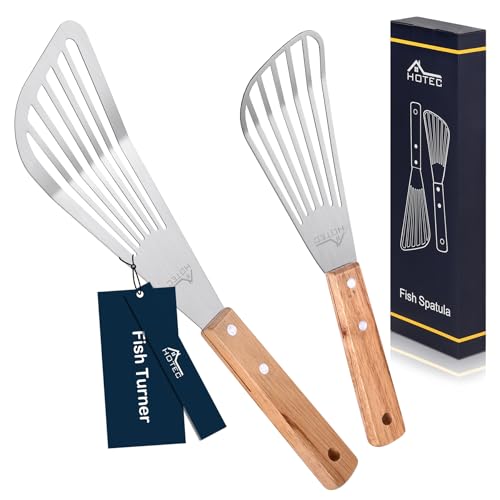 HOTEC 2pcs Stainless Steel Wooden Handle Fish Spatula, Metal Spatula Flipping Foods