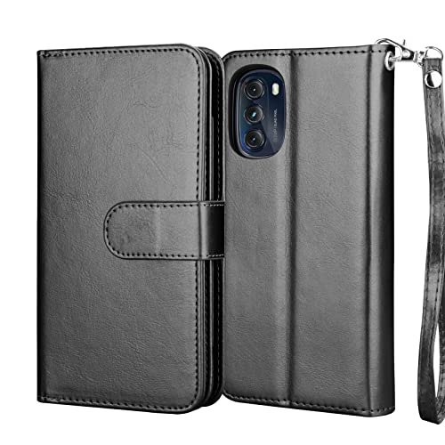 NJJEX Wallet Case for Motorola Moto G 5G 2022, Black [9 Card Slots, PU Leather, Detachable Kickstand, Magnetic Phone Cover, Lanyard]