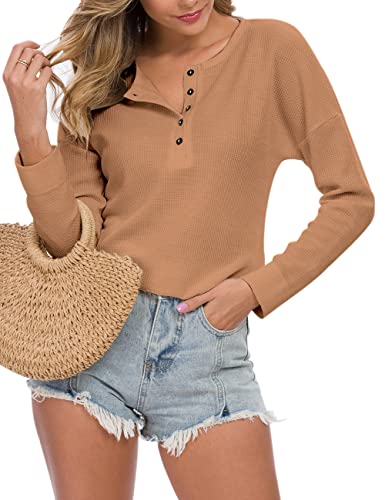 WNEEDU Women's Waffle Knit Tunic Tops Loose Long Sleeve Button Up V Neck Henley Shirts,Rose Red S