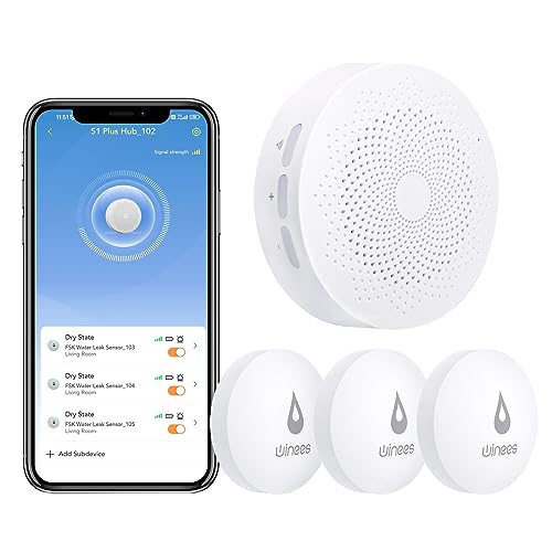 Winees WiFi Water Detector, 3 Pack Water Sensors with Leak Alert Email&SMS Notification, 100dB Adjustable Alarm, 100M Transmission for Basement, Bathroom, Laundry, IFTTT