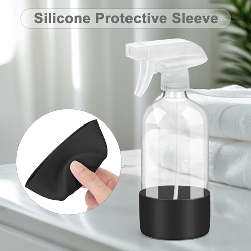 Worldgsb 2 Pack Glass Spray Bottles with Silicone Sleeve, 16 oz Empty Refillable Containers with Adjustable Spray Nozzles, Spray Bottles for Hair, Cleaning Solutions and Plants Black