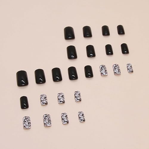 Press on Nails Short Square Fake Nails Black White Mature sexy style Acrylic Nails with Cracked meteorite fragments Designs Glitter Full Cover Glossy Black False Nails Stick on Nails for Women 24Pcs