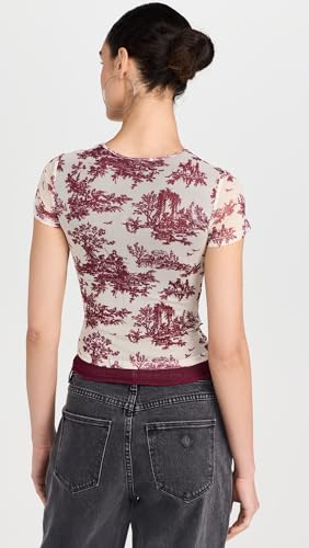 Miaou Women's Mini Tee, Maroon Toile, Red, Print, XXS