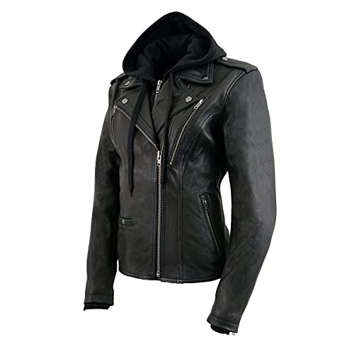 Milwaukee Leather MLL2575 Women's Black Leather Vented Motorcycle Jacket w/Removable Hoodie - X-Small
