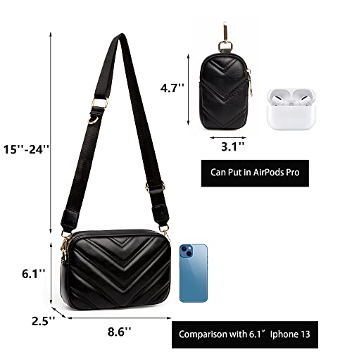 Herald Chevron Quilted Small Crossbody Bag with Coin Purse Pouch, Women Square Camera Side Shoulder 2 Size Handbags (Black)