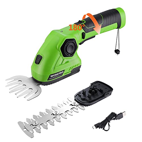 WORKPRO Cordless Grass Shear & Shrubbery Trimmer - 2 in 1 Handheld Hedge Trimmer 7.2V Electric Grass Cutter 2.0Ah Rechargeable Lithium-Ion Battery and USB Cable Included