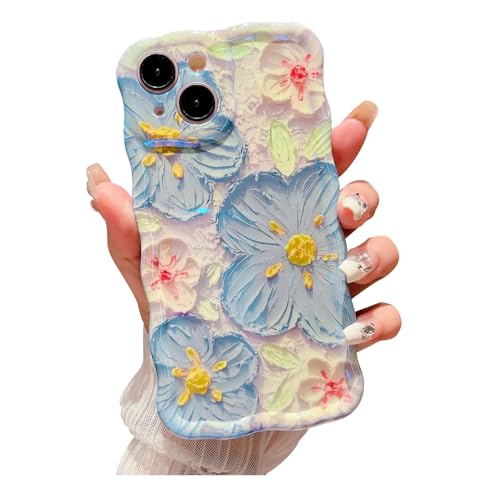 SPOBIT for iPhone 15 Case, Colorful Retro Oil Painting Flower Cute Curly Wave Border Floral Case for Women Girls, Camera Protection Soft Shockproof Cover Case for iPhone 15 - Blue