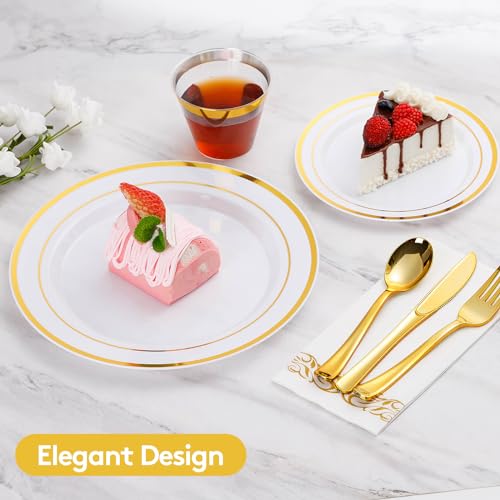 Goodluck 700 Piece Gold Dinnerware Set for 100 Guests, Disposable for Party, Include: 100 Gold Rim Dinner Plates, 100 Dessert Plates, 100 Paper Napkins, 100 Cups, 100 Gold Plastic Silverware Set