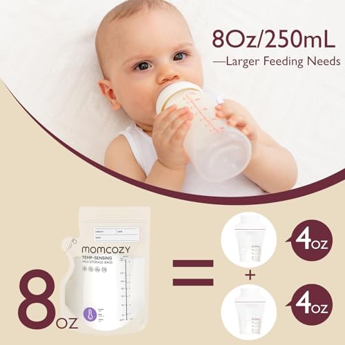 Momcozy Breastmilk Storage Bag, 8Oz, Temp-Sensing Color Change 60 Count Breast Milk Bags with Pour Spout, Milk Bag Self Standing for Breastfeeding, No Leak Presterilized for Freezer