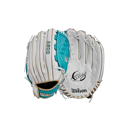 Wilson 2024 A500™ Siren™ 12.5” Youth Outfield Fastpitch Softball Glove - Right Hand Throw, White/Teal/Metallic Gold