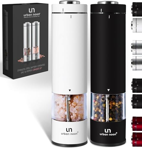 Electric Salt and Pepper Grinder Set - Battery Operated Stainless Steel Mills (1 Black Pepper Grinder + 1 White Salt Grinder) Automatic One Handed Operation Electronic Adjustable Ceramic Grinders