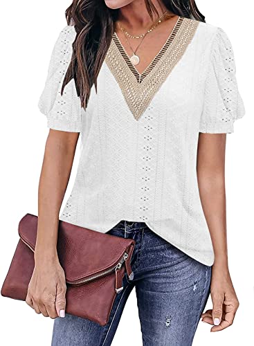 ETCYY Womens Tops Causal Puff Sleeve Summer Tops Trendy Cute Print Lace V Neck Solid Color Loose Fit Short Sleeve Shirts(M,C Lace Flower Gradient Blue)