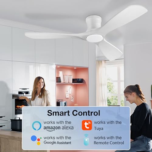 Hoenofly 52” Smart Wood Low Profile Ceiling Fan with Lights Remote,Quiet DC Motor,Outdoor Indoor Flush Mount Ceiling Fans Controlled by WIFI Alexa App,Modern Black for Bedroom Living Room Patio Porch