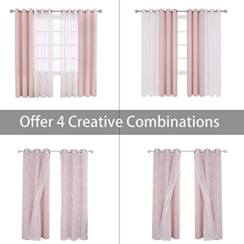 BONZER Mix and Match Curtains - 2 Pieces Branch Print Sheer Curtains and 2 Pieces Blackout Curtains for Bedroom Living Room Grommet Window Drapes, 37x63 Inch/Panel, Blush, Set of 4 Panels