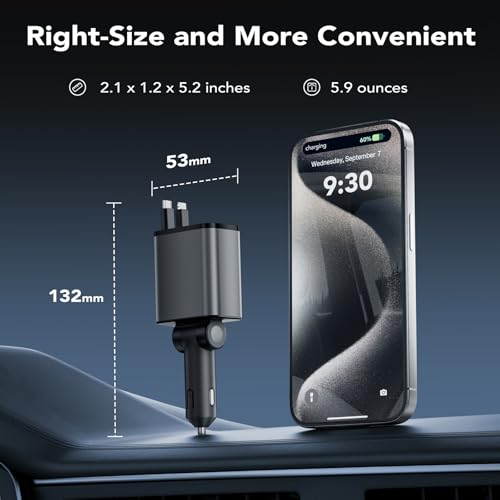 Car Accessories Retractable Car Charger 4 in 1, Compatible with iPhone 16 Car Charger Fast Charging, Type C Retractable Fast Car Charger, 69W USB C Adapter for iPhone 16/15/14/13/12/Galaxy/Pixel