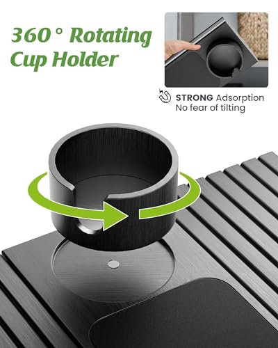 BS-VOG Couch Cup Holder, Couch Arm Tray with 360° Rotating Drink Holder, Foldable Anti-Slip Couch Arm Table, Sofa Armrest Tray Clip on Wide Couches for Eating, Snacks, Remote (Gray)