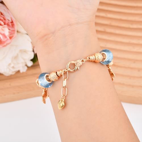 Charm Bracelet for women Christmas Gifts, with Crystal and Heart Shape Glass Beads Sliver CZ Cross Snake Chain Bracelet, Trendy Charm Bracelet Jewelry Gifts for Women(blue)