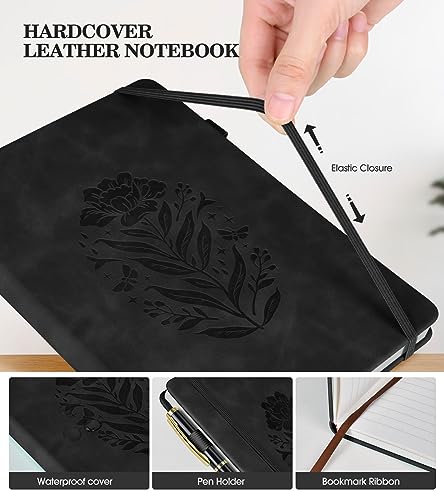 Lined Journal Notebook for Women, A5 Black Hardcover Leather Journals for Writing, 200 Pages Travel Daily Journal,Thick College Ruled Notebook for Work School, Note Taking, Business 5.75'' X 8.38''