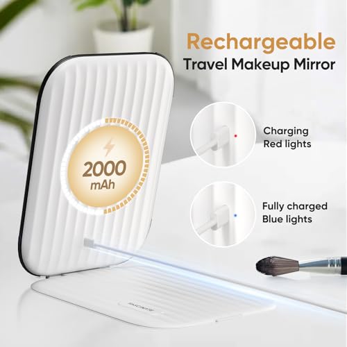 FUNTOUCH Rechargeable Travel Makeup Mirror with Lights and 10X Magnification,Light up Portable Vanity Mirror with 80 LEDs,2000mAh Battery,Brightness Adjustable,3 Lighting,Touch Dimming Compact Mirror