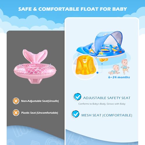 Baby Pool Float with Canopy Infant Float 6-24 Months Baby Swimming Float for Pool Toddler Pool Float with Shade UPF50+ Sun Protection Inflatable Pool Toys with Adjustable Safety Seat (Standard)