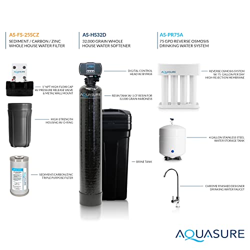 Aquasure Whole House Water Filtration Bundle w/Water Softener, 75 GPD RO System & Dual Purpose Sediment/GAC Pre-Filter (32,000 Grains)