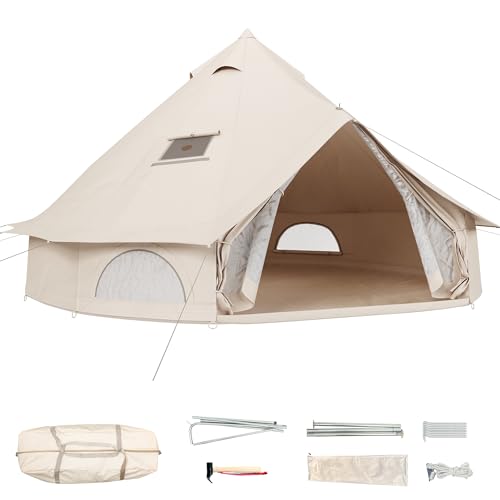 YITAHOME Canvas Bell Tent Cotton Canvas Yurt Tent 4 Season Waterproof Glamping Tents w/Stove Jack for Family Camping Outdoor Hunting Party (4M/13FT)