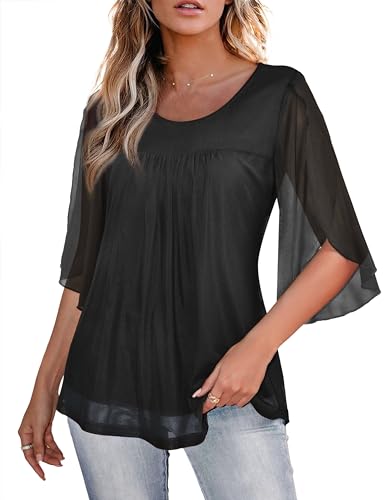 FOLUNSI Women's Plus Size 3/4 Sleeve Blouses Double Layers Mesh Shirt White,2X