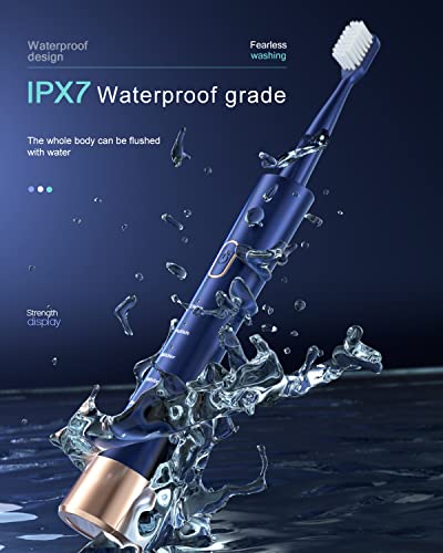 AJELU IPX7 Waterproof Sonic Electric Toothbrush, 2-Hour Fast Charge with Intelligent Time Reminder, 5 Modes, 8 Brush Heads, Travel, Indoor, Outdoor, Blue