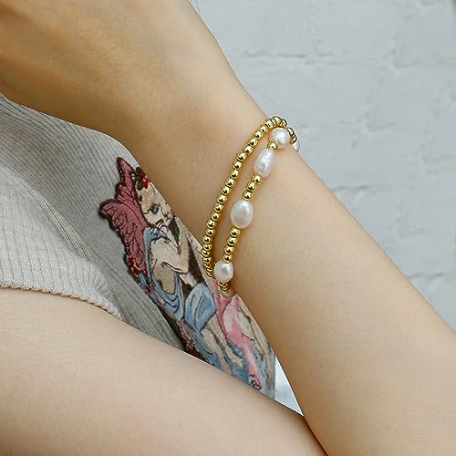 Gold Pearl Beaded Bracelets for Women Baroque Pearl Stackable14K Gold Plated Stretch Bead Ball Bracelet Jewelry Gifts （2PCS)