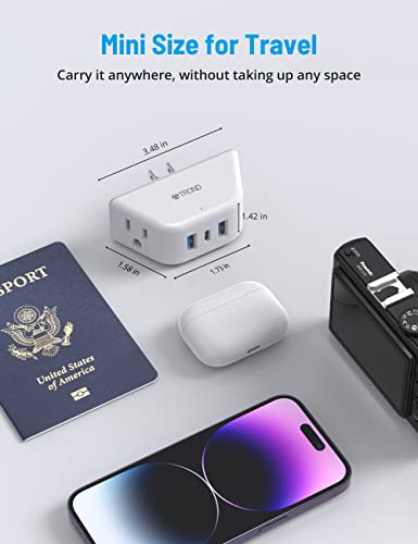TROND Multi Plug Outlet Extender with USB, 2 Outlet Splitter with 3 USB Wall Charger (1 USB C), Wall Outlet Expander, Cruise Essentials, Plug Extender for Cruise Ship, Travel, Home, Office, Dorm Room