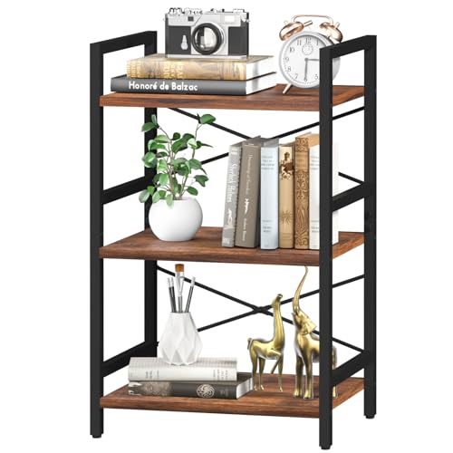 Yoobure Bookshelf Small Book Shelf, Solid Industrial 3 Tier Shelf Bookcase, Short Book Case for Bedroom, Living Room, Office Home, Small Spaces, Berry Brown