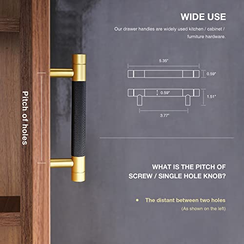 TRUSTMI Cabinet Pulls 10 Packs 3-3/4 Inch Hole Center Drawer Pulls Knurling Diamond Pattern Bathroom Hardware Kitchen Cupboard Handles, Matte Black and Gold