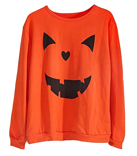 Women's Halloween Pumpkin Face Long Sleeve Sweatshirts Lightweight Casual Pullover Tops (S, Black)