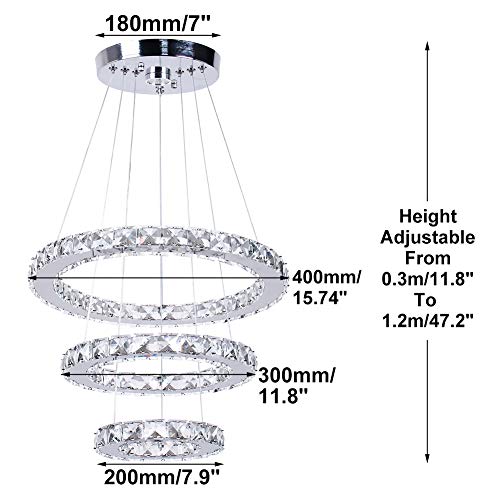 Dixun LED Chandeliers Modern Ceiling Light Fixture 3 Rings Adjustable Stainless Steel Pendant Light Chandelier for Bedrooms Living Room (Cool White)