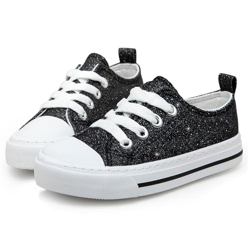 HugRain Toddler Girls Sneakers Walking Shoes Kids Child Sparkle Glimmer Fashion Glitter Adorable Lace Up Lightweight Low Top Non-Slip Outdoor Black Size 8
