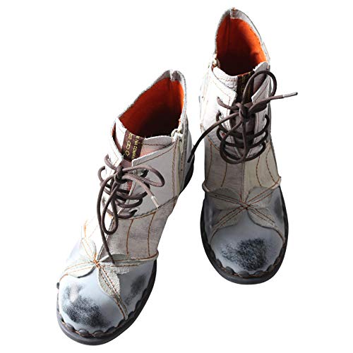 TMA EYES Women's Ankle Boots Low Heel Lace-up Side Zipper Fashion Leather Booties(White,6)