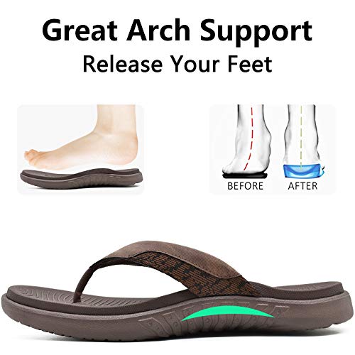 ONCAI Sandals for Men, Comfort Orthotic Plantar Fasciitis Beach Sport Athletic Soft Flip Flops with Yoga Foam Arch Support Brown Size 14